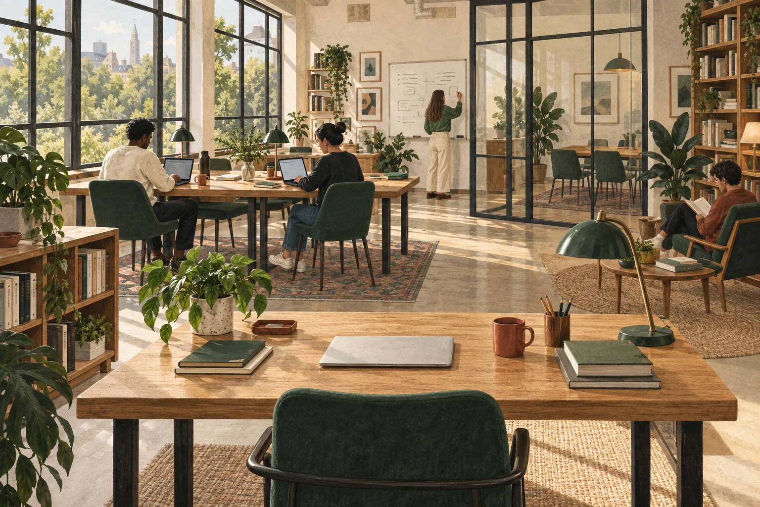An illustrated shared office: people working quietly, sunlit desks, plants, and an open seat in the foreground.